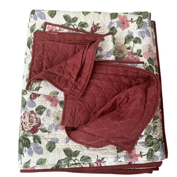 Martha Stewart Floral King Quilt 2 Shams Cotton Red Multi-Color Roses Reversible - Picture 2 of 7
